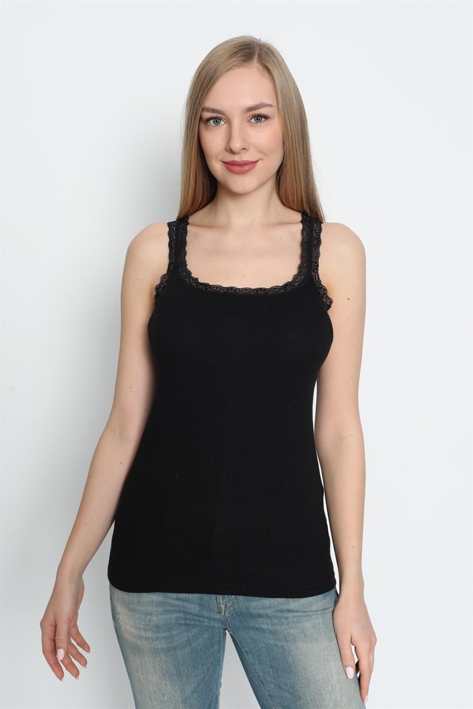 Dantel Detaylı Nefes Alan İnce Askılı Atlet Arma Yıldız 3362 - Siyah