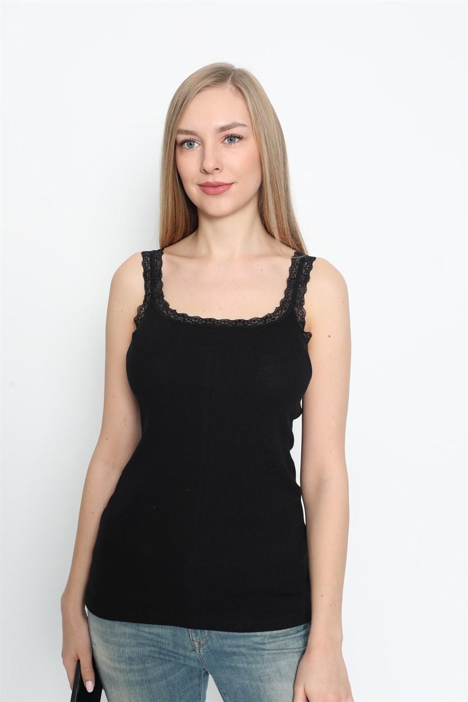 Dantel Detaylı Nefes Alan İnce Askılı Atlet Arma Yıldız 3362 - Siyah