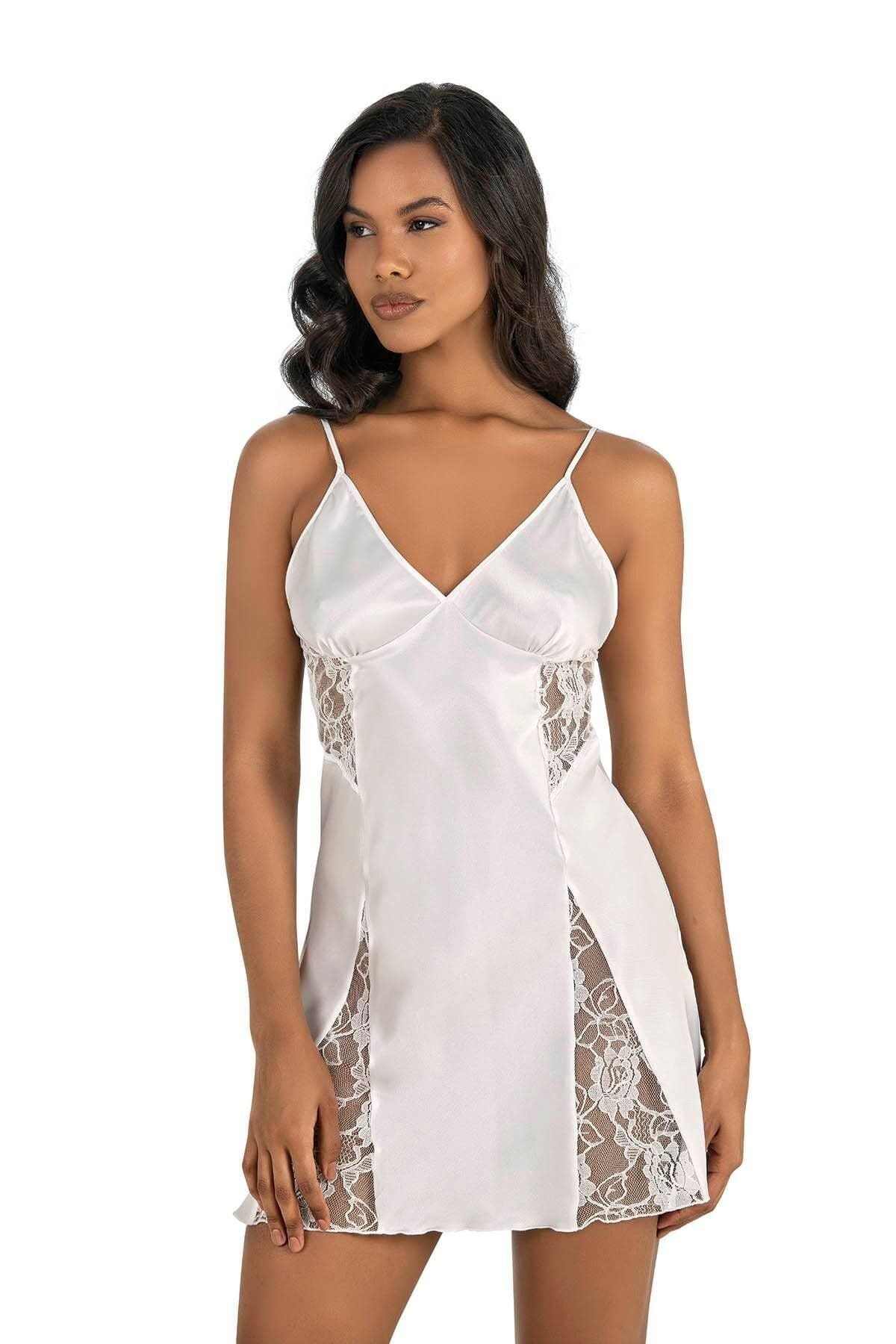 Ahu Lingerie İnce Askılı Ekru Kısa Saten Body Ahu 8204