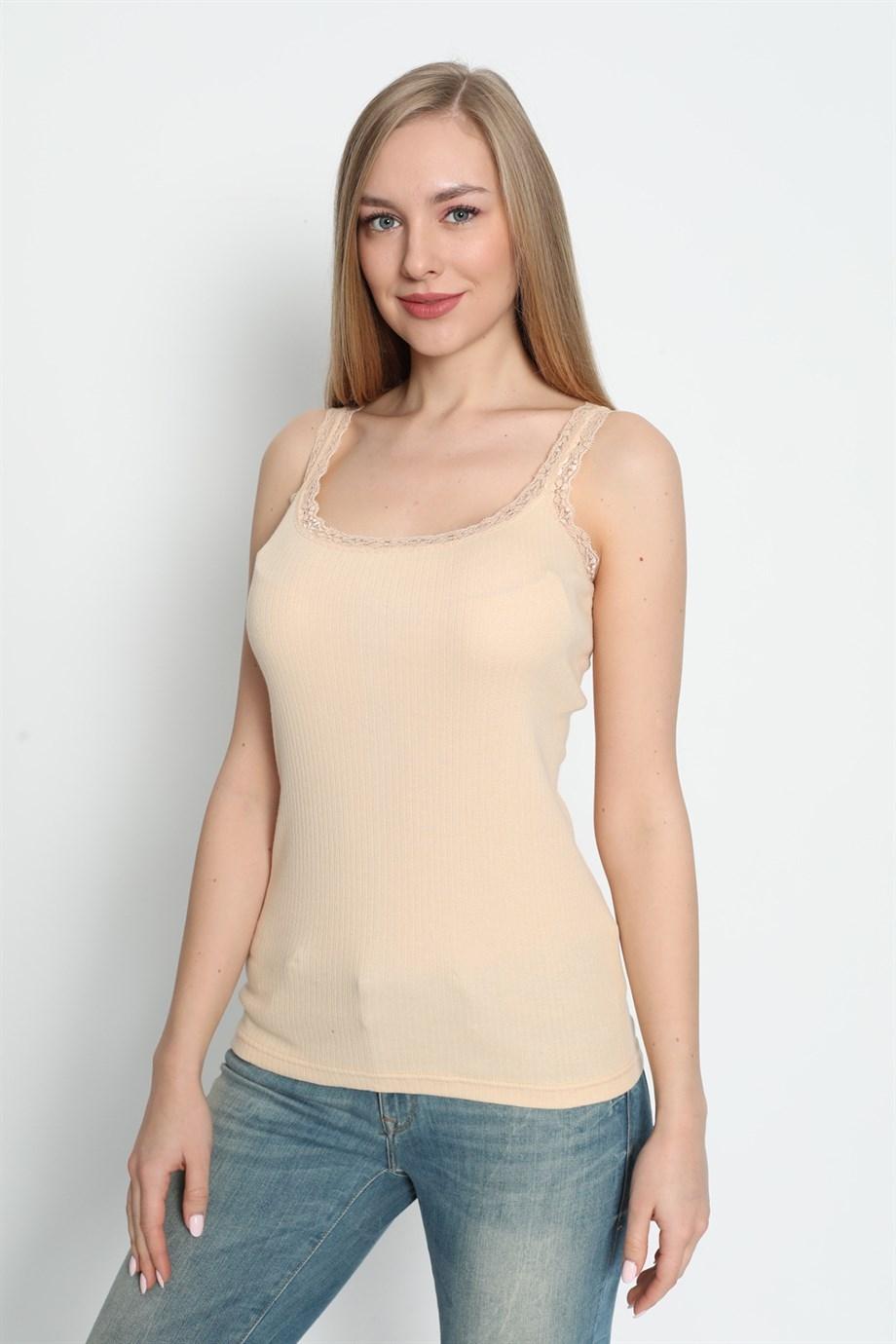 Pamuklu Dantelli İnce Askılı Atlet 3lü Paket Arma Yıldız 3362 - Ten