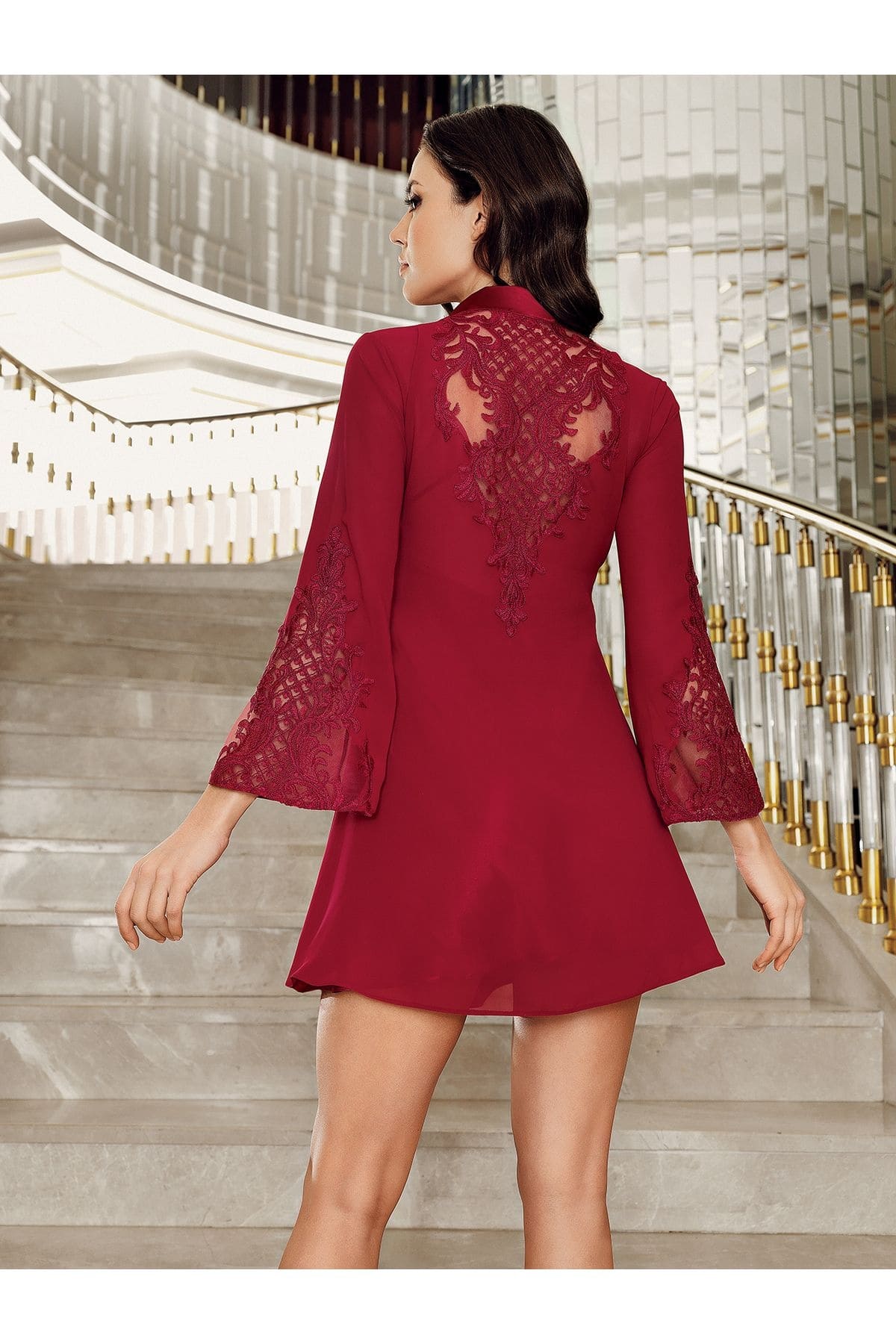 İnce Askılı Sırt Detaylı 2'li Saten Gecelik Takımı İmaj 4209 - Bordo