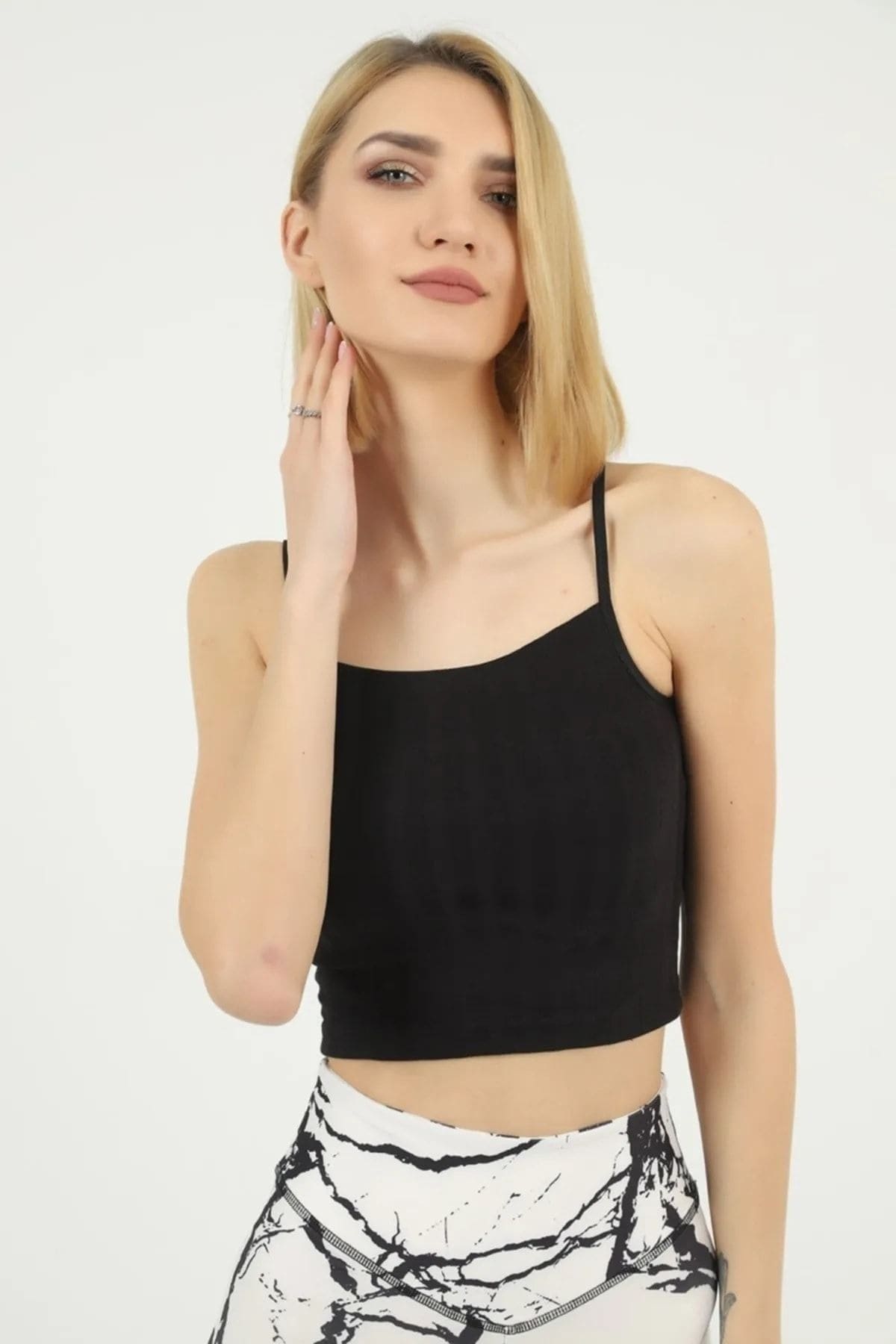 Pamuklu İp Askılı Crop Atlet Beyaz Anıt 2205 - Siyah