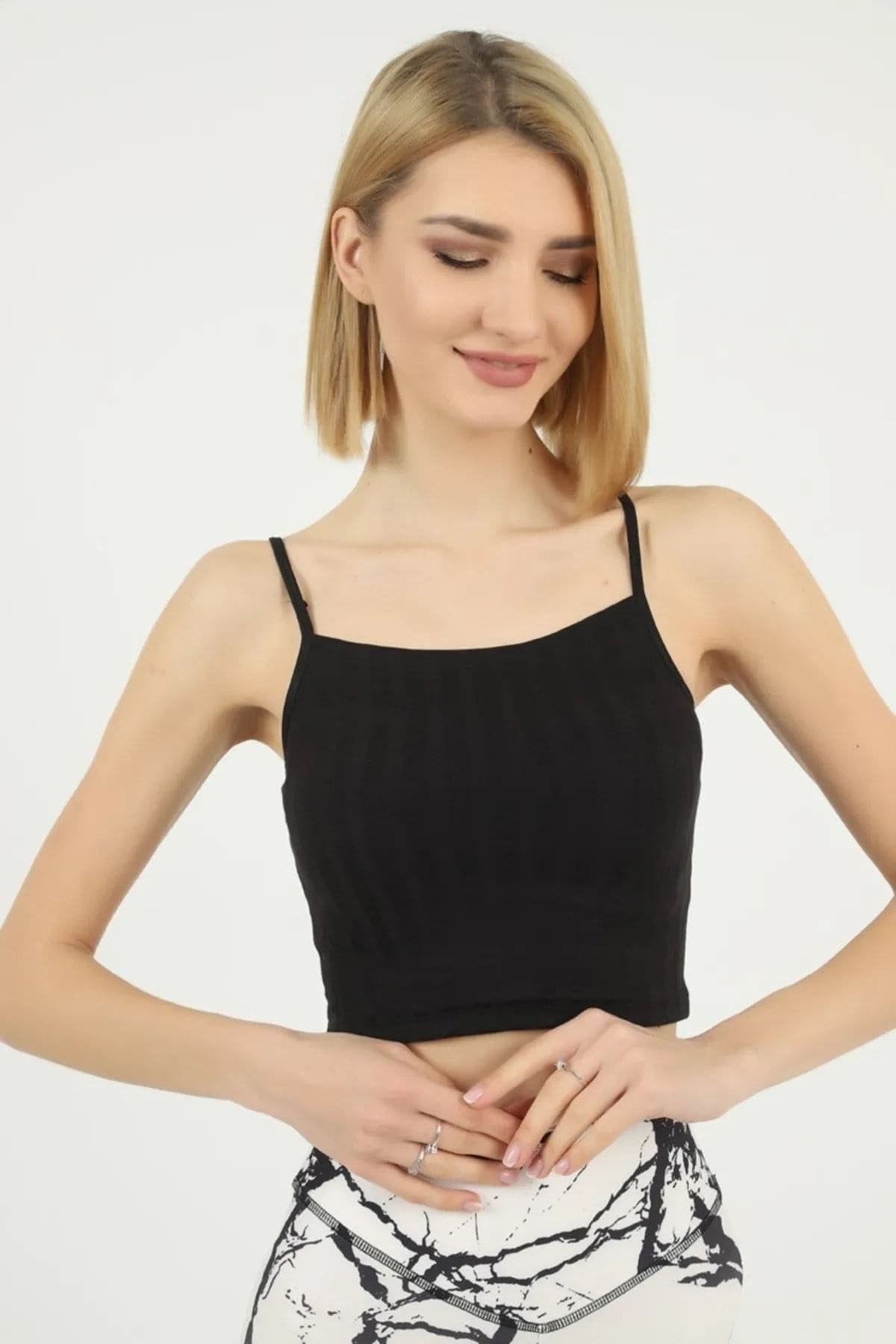 Pamuklu İp Askılı Crop Atlet Beyaz Anıt 2205 - Siyah