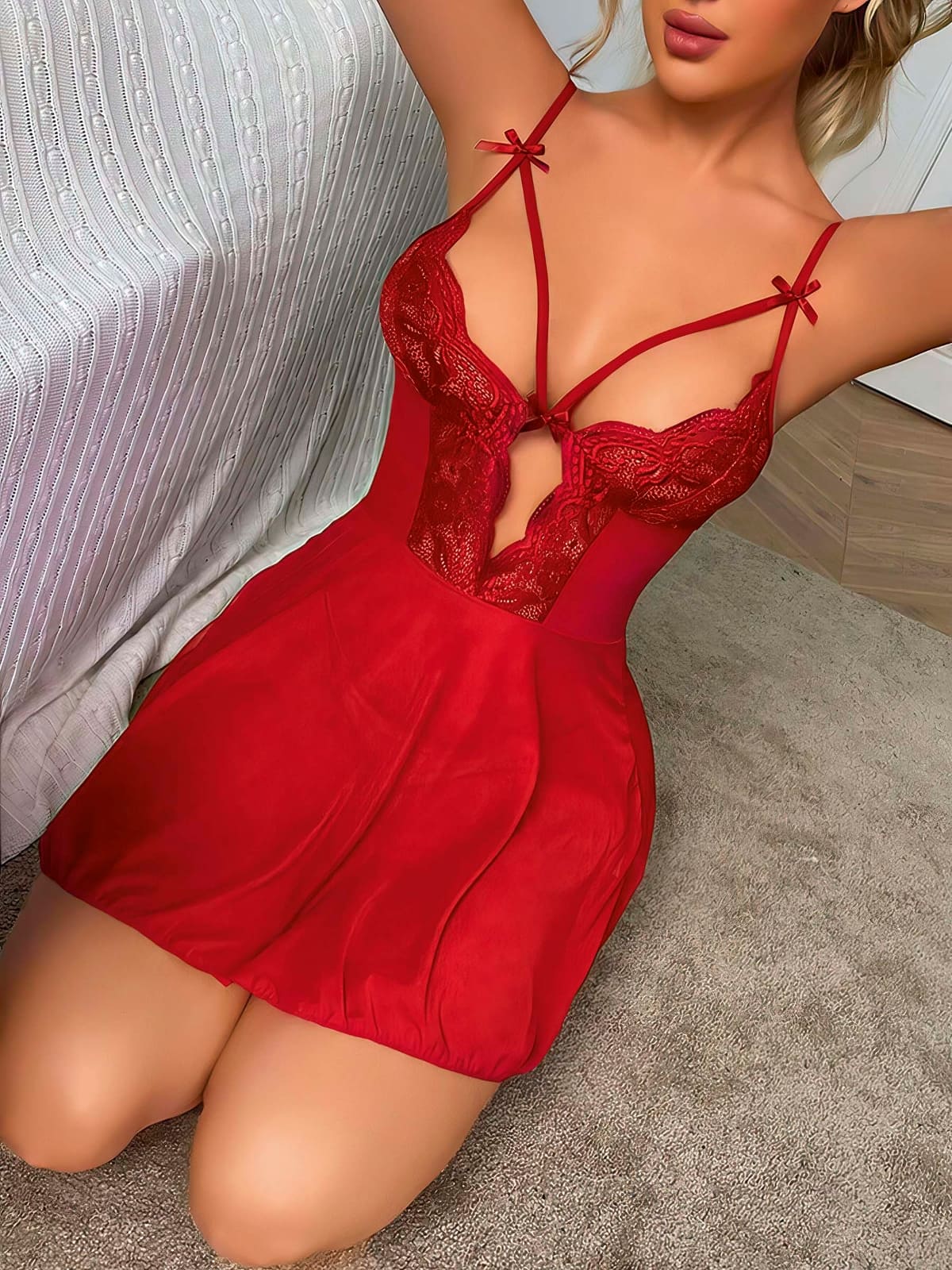 İpli Dantelli Tül Kırmızı Body Lily Bianca 1024 - Kırmızı