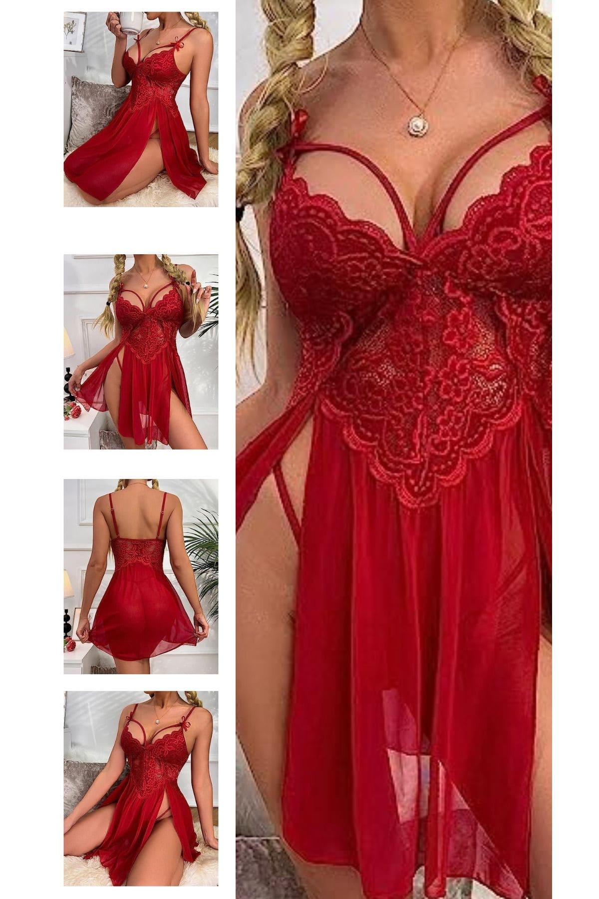 İpli Dantelli Tül Kırmızı Fantezi Gecelik Ruselin 2105 - Kırmızı