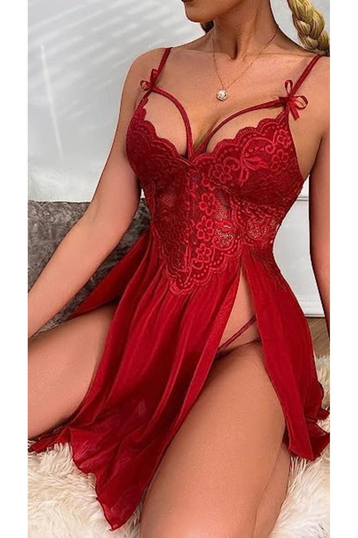 İpli Dantelli Tül Kırmızı Fantezi Gecelik Ruselin 2105 - Kırmızı