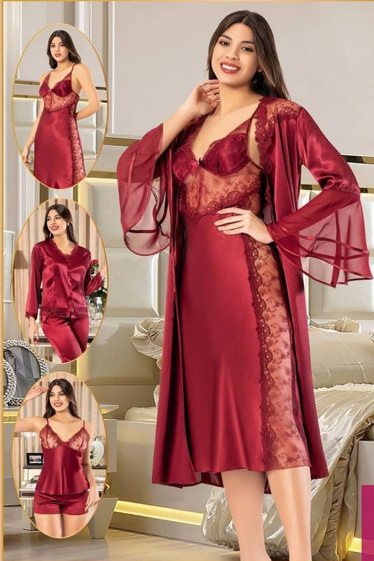 Ispanyol Kol Transparan Dantelli Saten Gelin Çeyiz Seti XSES 1005 - Bordo