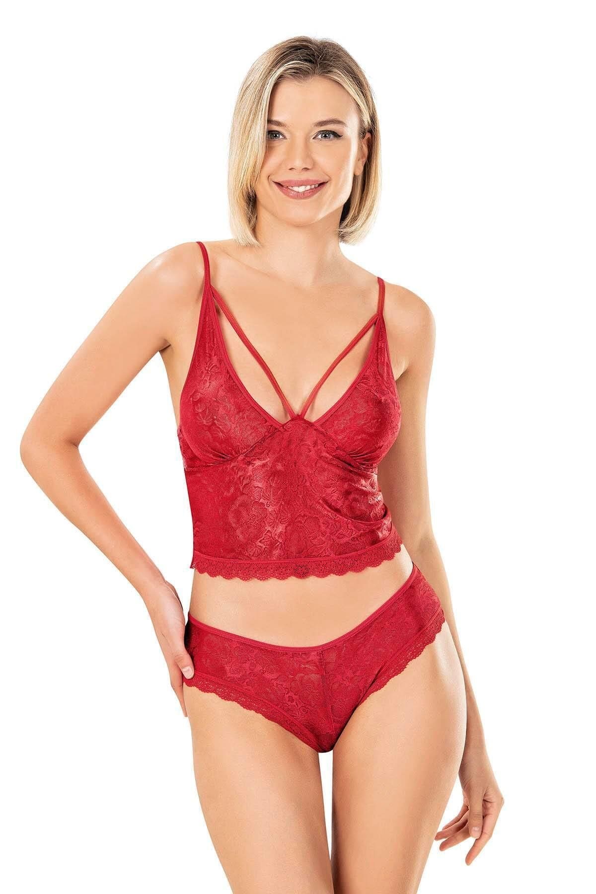 Jakarlı Dantel Detaylı Şort Takımı Kırmızı Ahu 9153 - Kırmızı