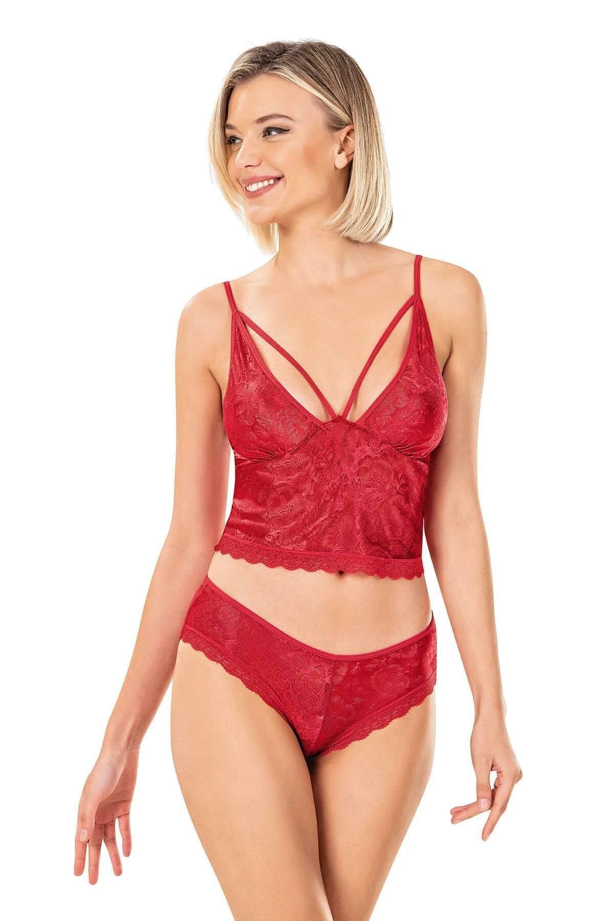 Jakarlı Dantel Detaylı Şort Takımı Kırmızı Ahu 9153 - Kırmızı