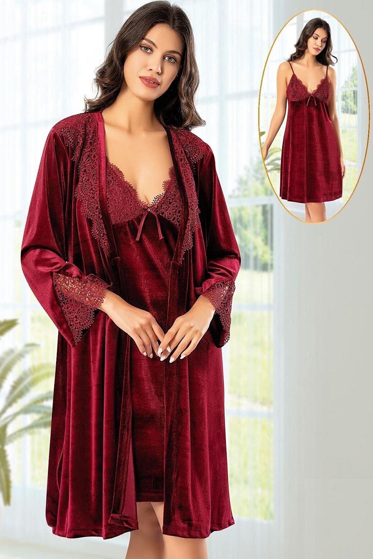 Güpürlü Kadife Sabahlık Gecelik Takımı Bordo XSES 5120 - Bordo