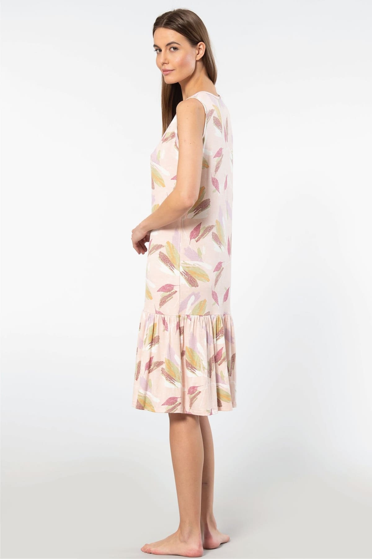 Düğmeli Askılı Desenli Midi Boy Kadın Gecelik Viskon Elastan Türen 3386 - Pudra