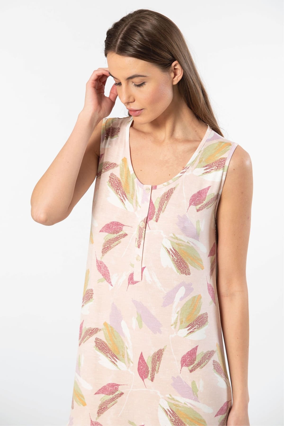 Düğmeli Askılı Desenli Midi Boy Kadın Gecelik Viskon Elastan Türen 3386 - Pudra