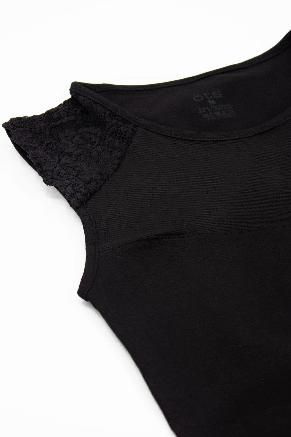 Tüllü Dantel Detaylı Yarım Kollu Body Öts 3162 - Siyah
