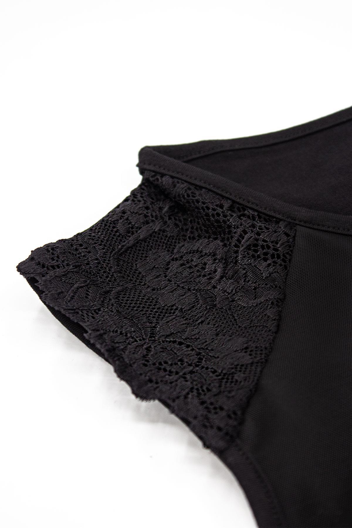 Tüllü Dantel Detaylı Yarım Kollu Body Öts 3162 - Siyah