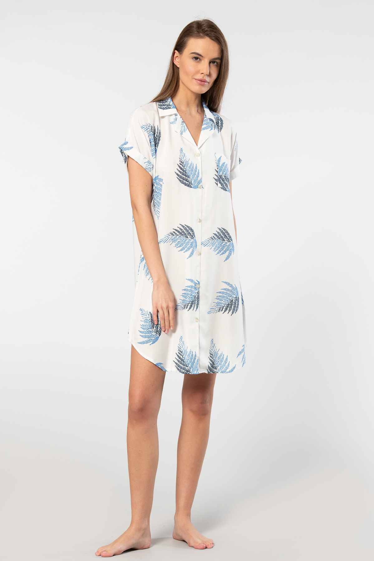 Viskon Yaprak Desenli Gömlek Yaka Elbise Türen 3601 - Ekru