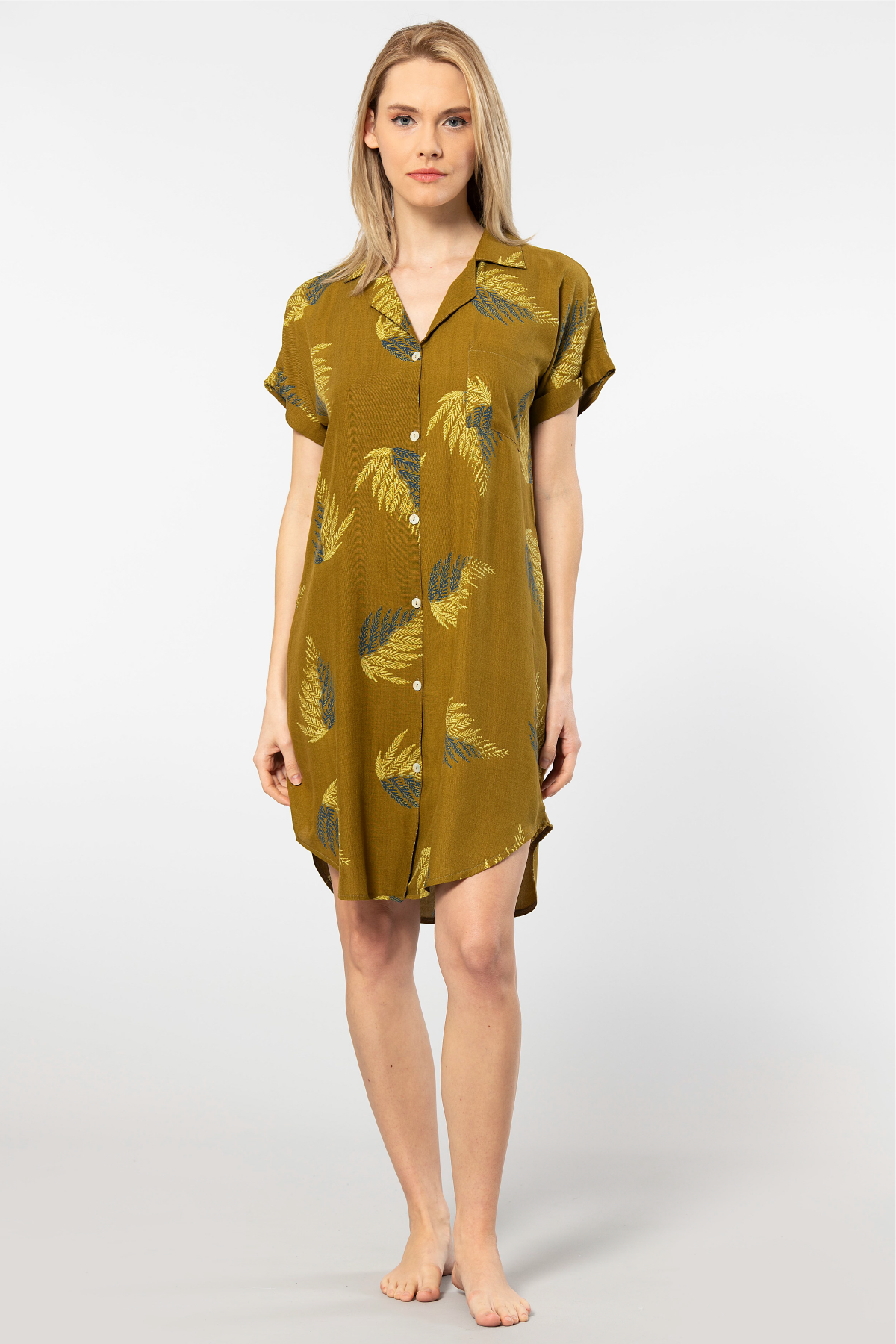 Viskon Yaprak Desenli Kısa Kollu Elbise Türen 3601 - Haki