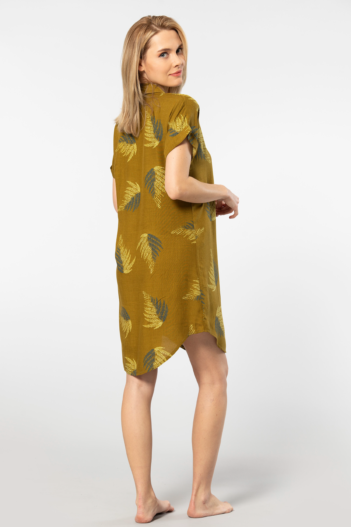 Viskon Yaprak Desenli Kısa Kollu Elbise Türen 3601 - Haki