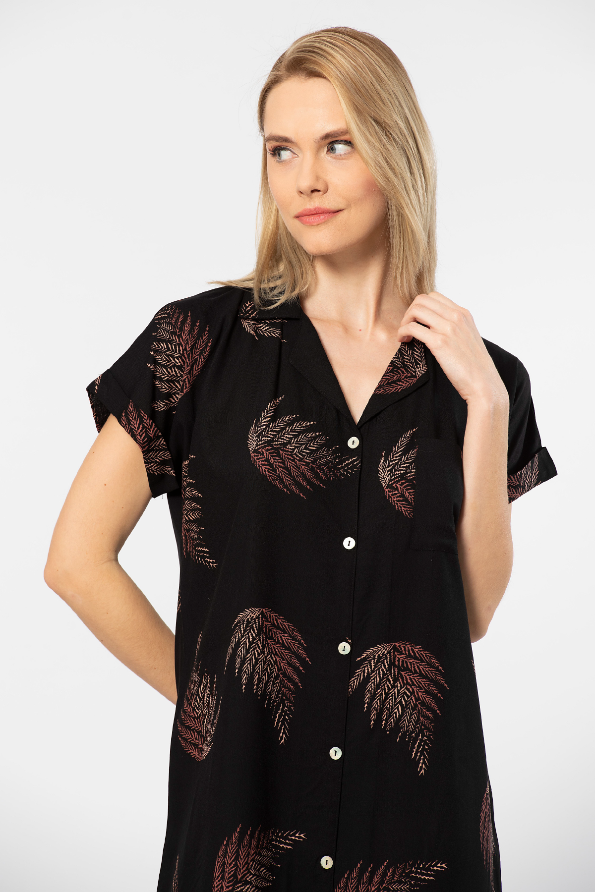 Yaprak Desenli Rahat Viskon Kadın Elbise Türen 3601 - Siyah