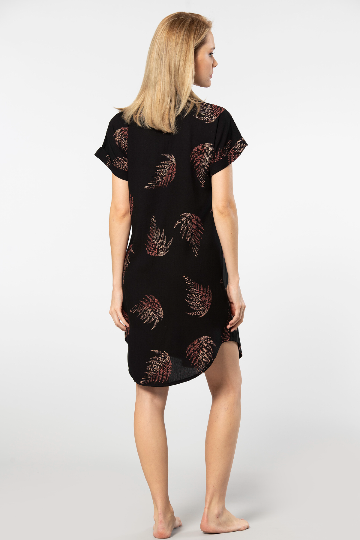 Yaprak Desenli Rahat Viskon Kadın Elbise Türen 3601 - Siyah