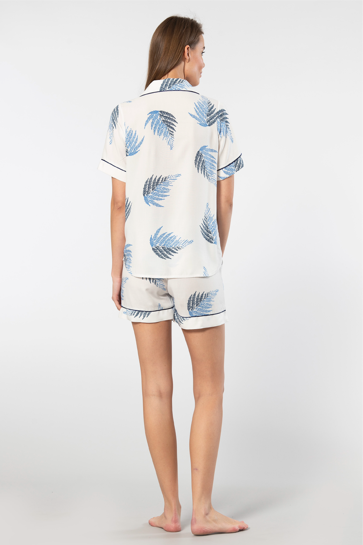 Desenli Dokuma Kadın Şort Pijama Takımı Türen 3605 - Ekru