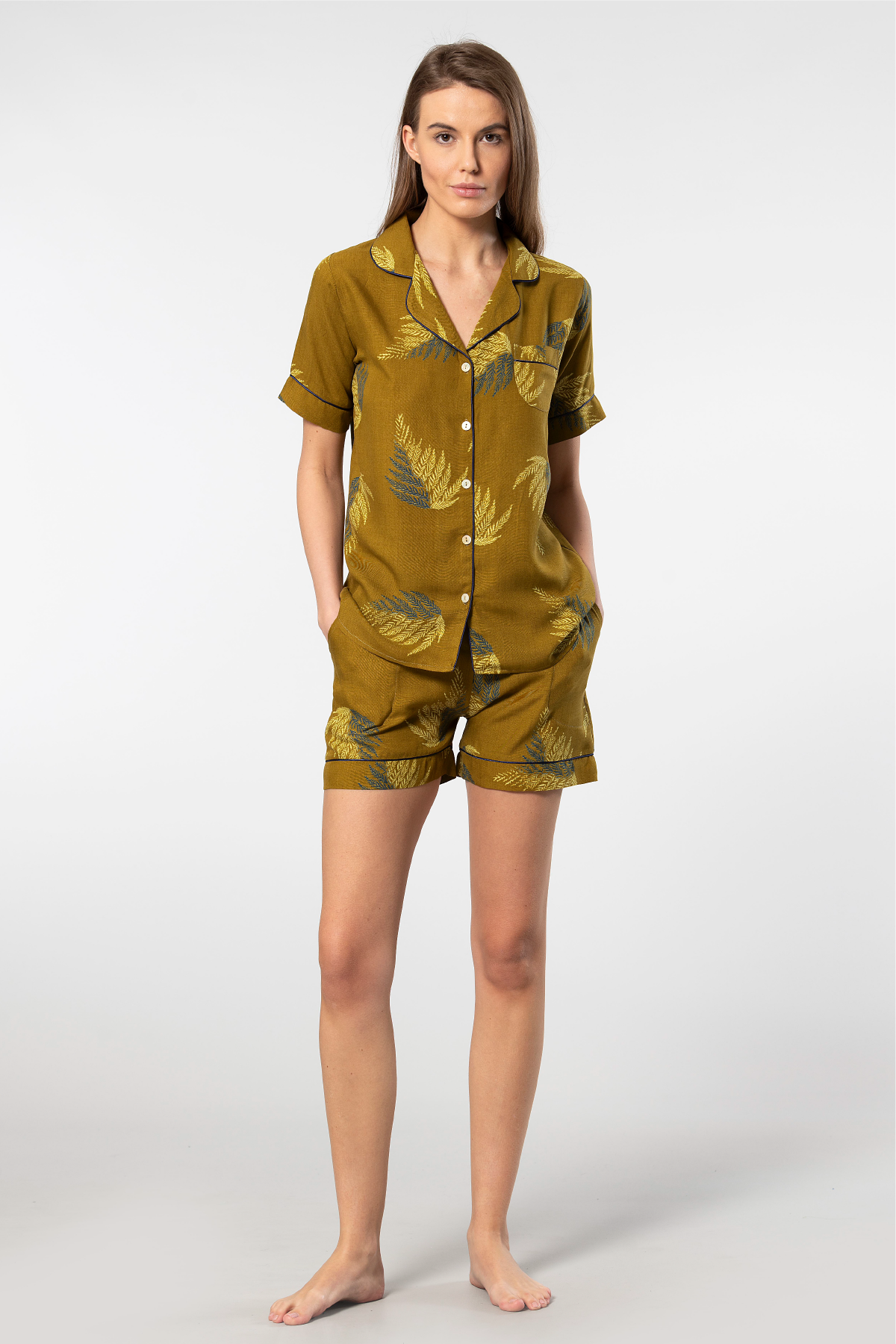 Düğmeli Desenli Viskon Şort Kadın Pijama Takımı Türen 3605 - Haki