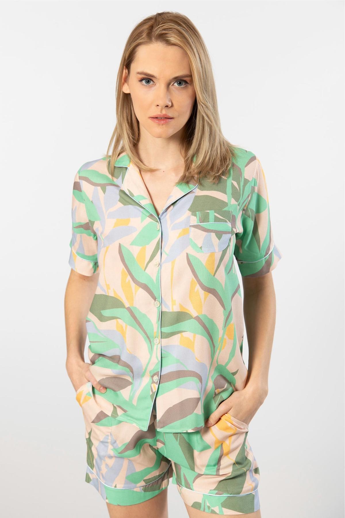 Desenli Dokuma Şort Takım Kadın Türen 3605 - Yeşil