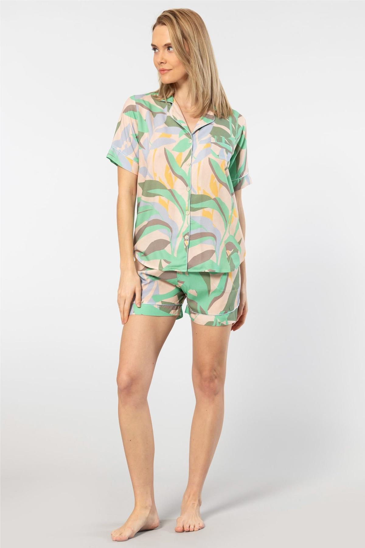 Desenli Dokuma Şort Takım Kadın Türen 3605 - Yeşil