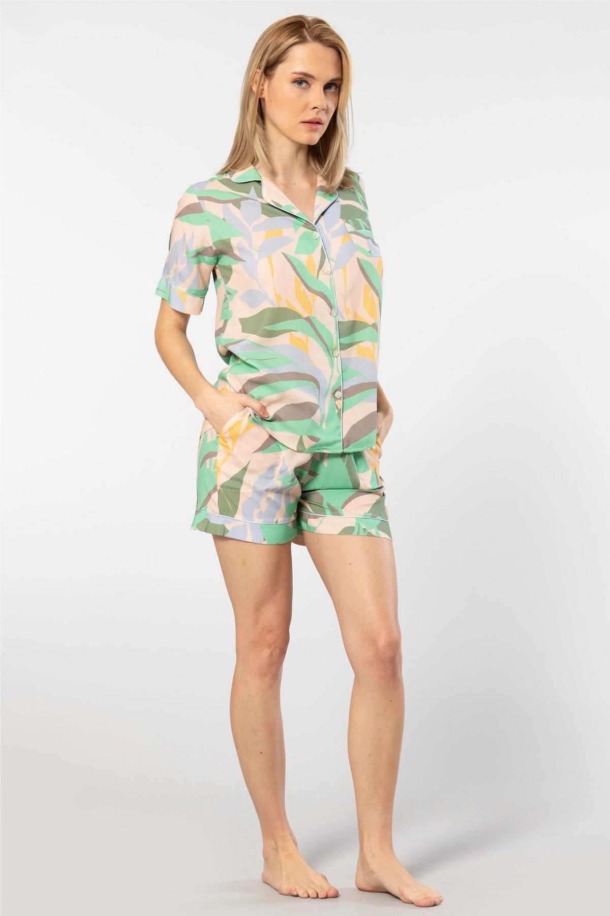 Desenli Dokuma Şort Takım Kadın Türen 3605 - Yeşil