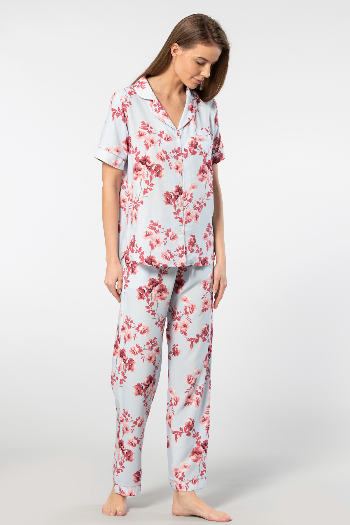 Desenli Kısa Kollu Viskon Kadın Pijama Takımı Türen 3604 - Mavi