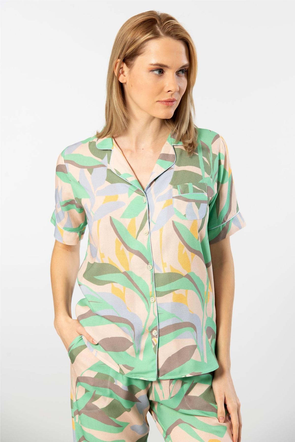 Desenli Viskon Kadın Pijama Takımı Türen 3604 - Yeşil