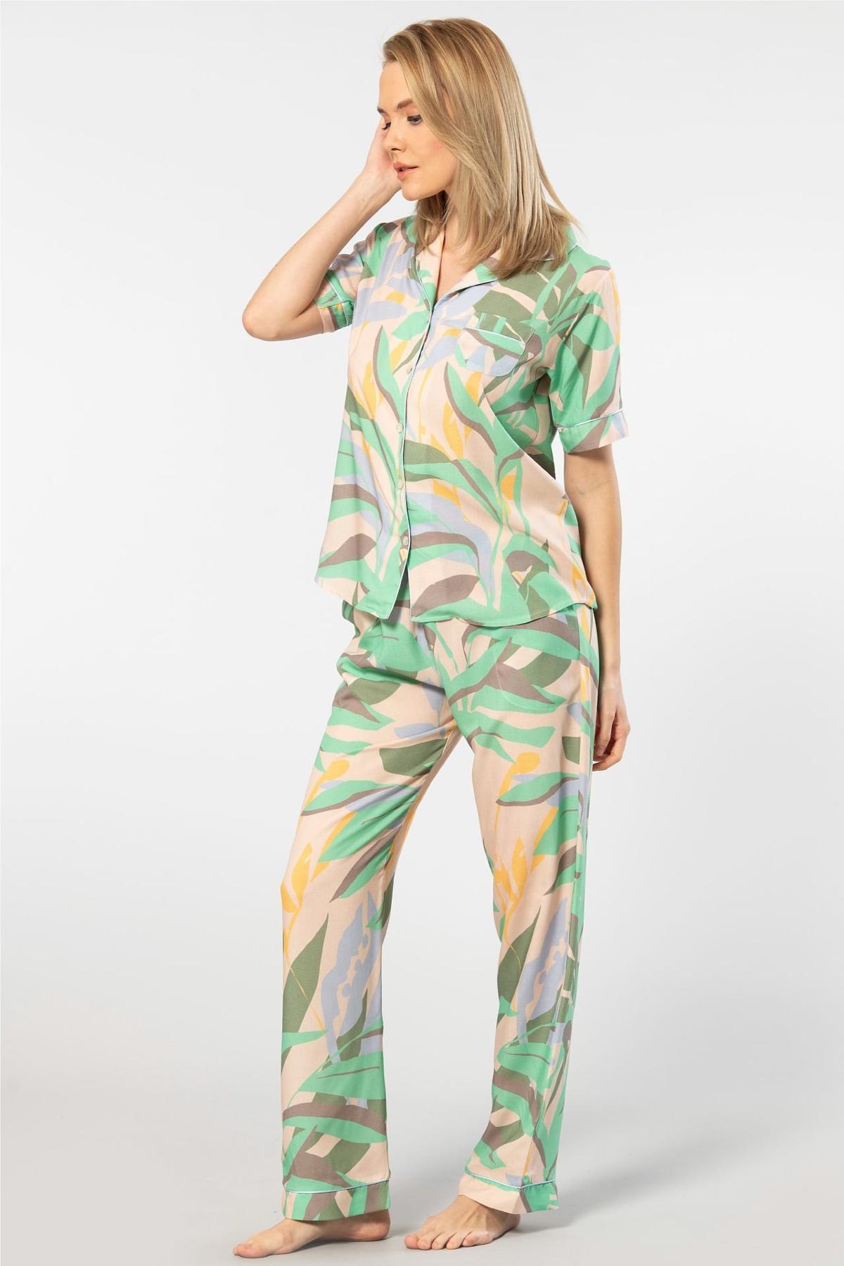 Desenli Viskon Kadın Pijama Takımı Türen 3604 - Yeşil