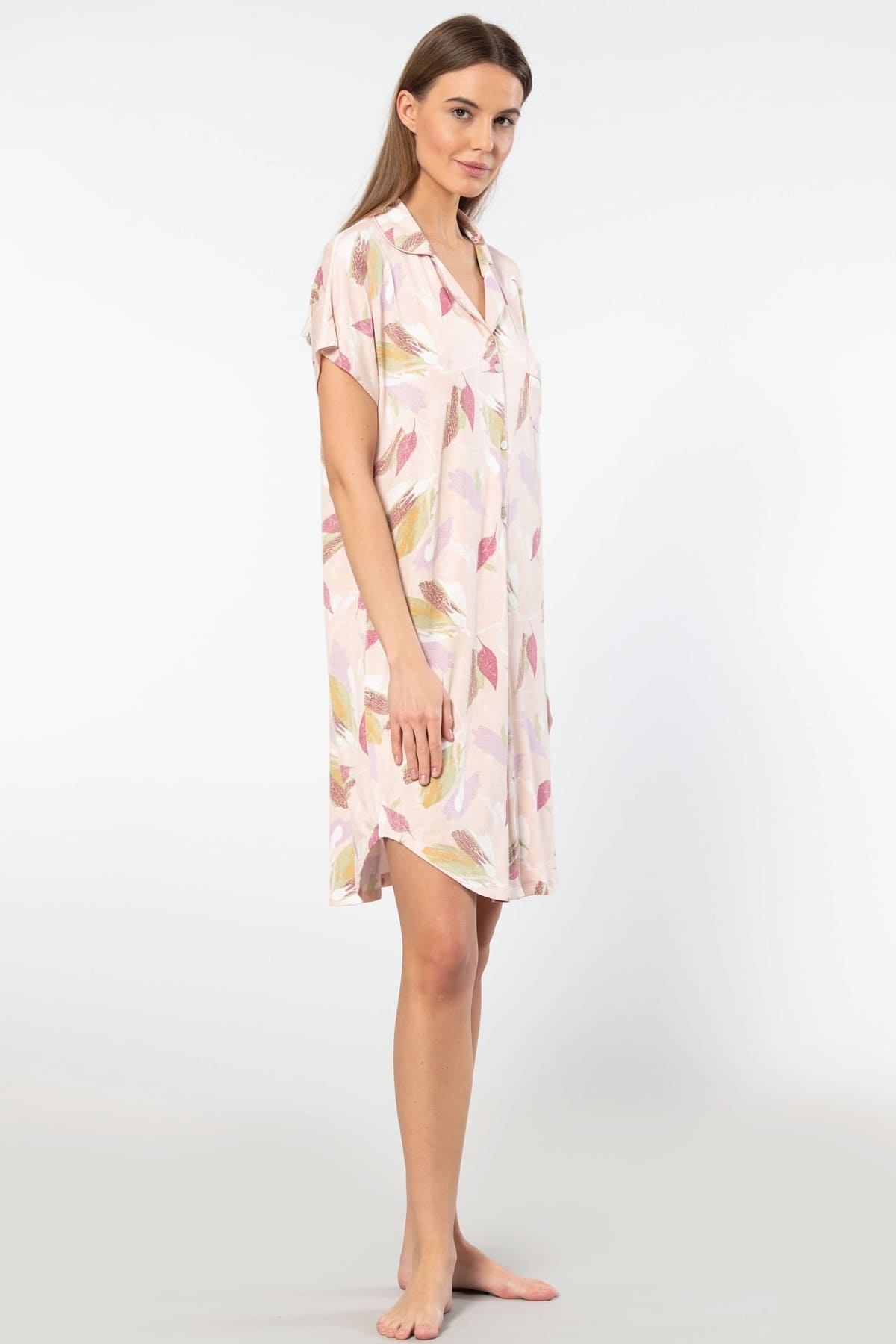 Viskon Elastan Gömlek Yaka Kısa Kollu Kadın Gecelik Türen 3607 - Pudra