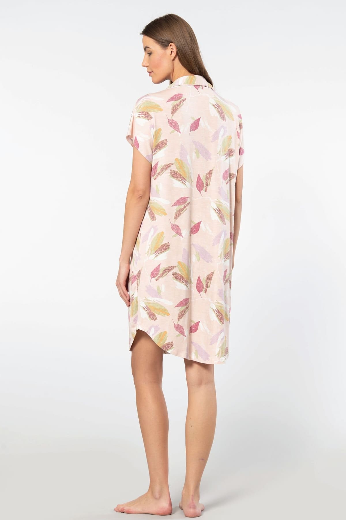 Viskon Elastan Gömlek Yaka Kısa Kollu Kadın Gecelik Türen 3607 - Pudra