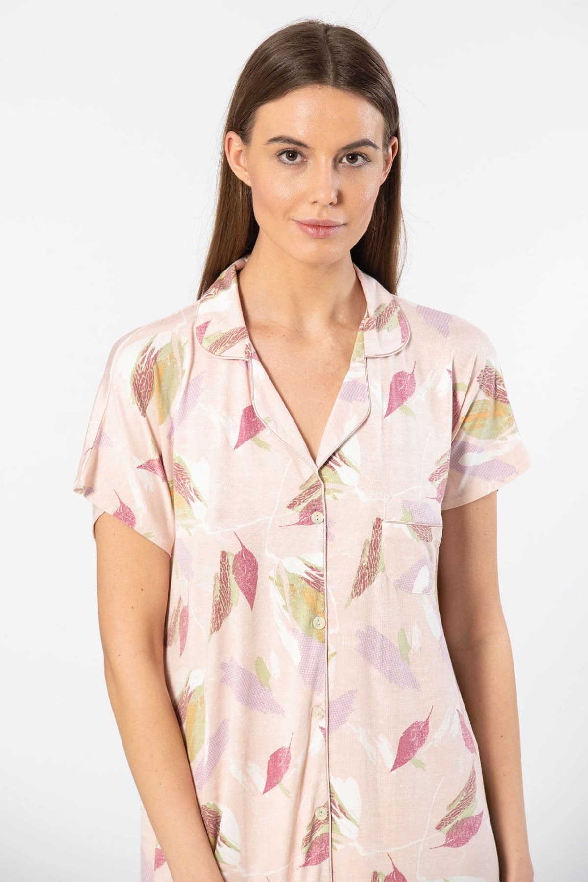 Viskon Elastan Gömlek Yaka Kısa Kollu Kadın Gecelik Türen 3607 - Pudra