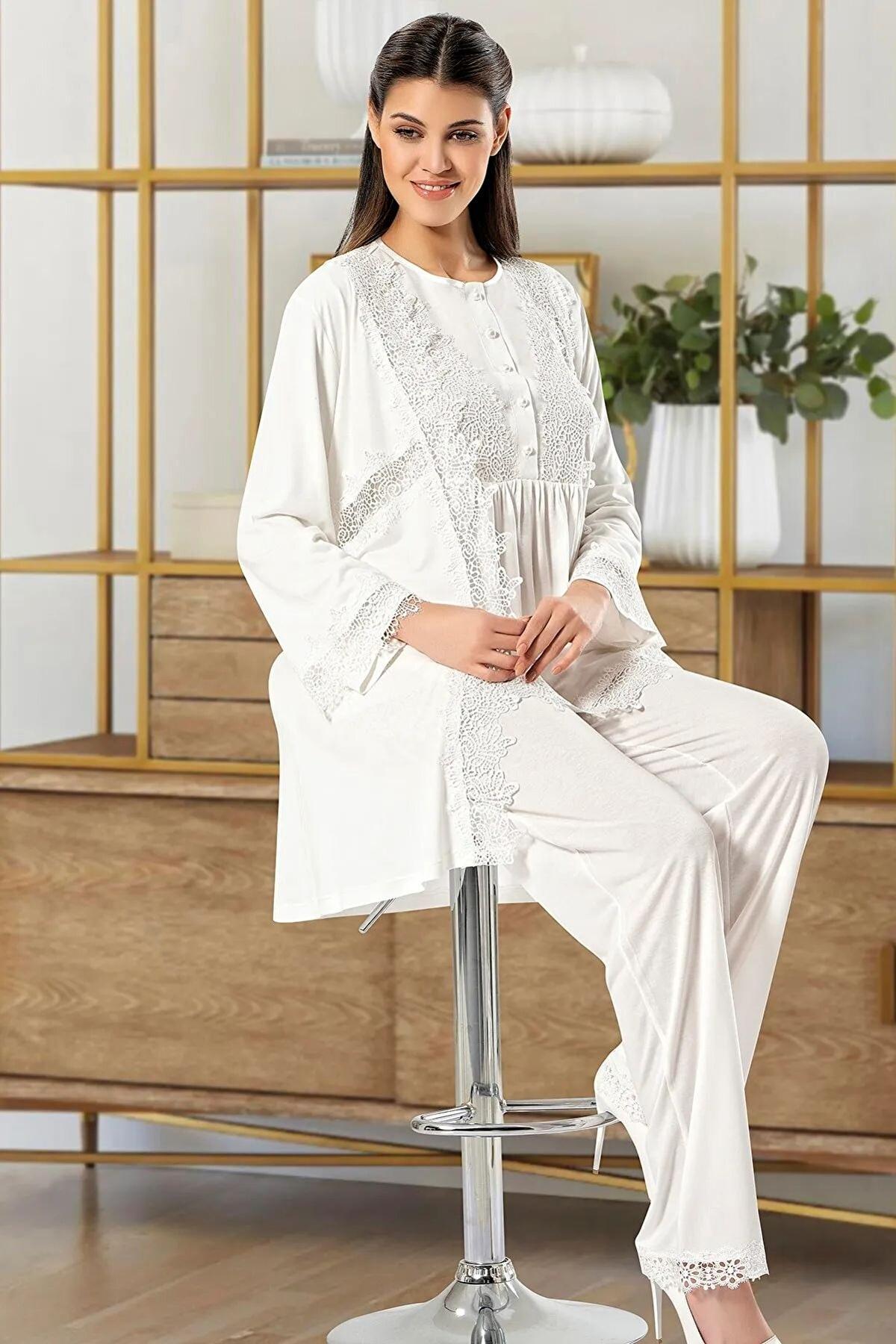 Pamuklu Emzirme Açıklığı Hamile Pijama Takımı XSES 4100 - Ekru