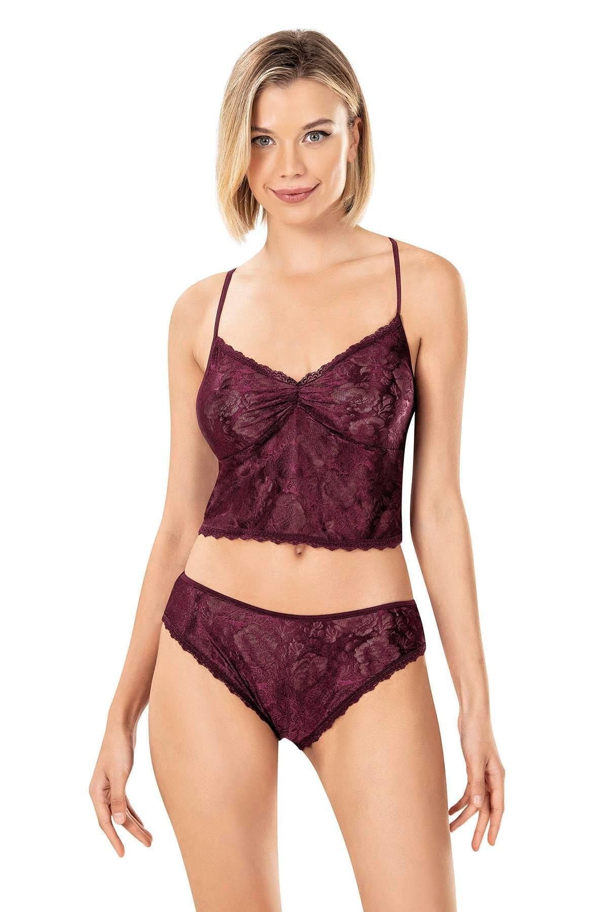 Dantel Detaylı Pembe Jakarlı Şort Takımı Ahu 9151 - Bordo