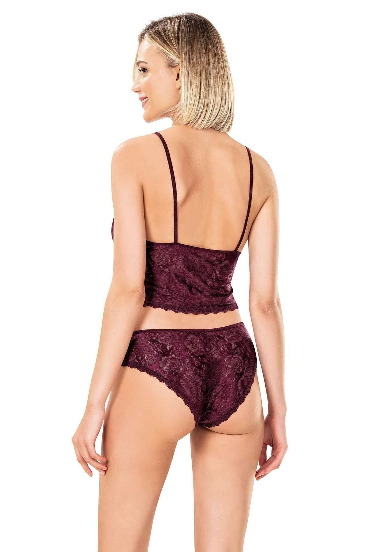 Dantel Detaylı Pembe Jakarlı Şort Takımı Ahu 9151 - Bordo