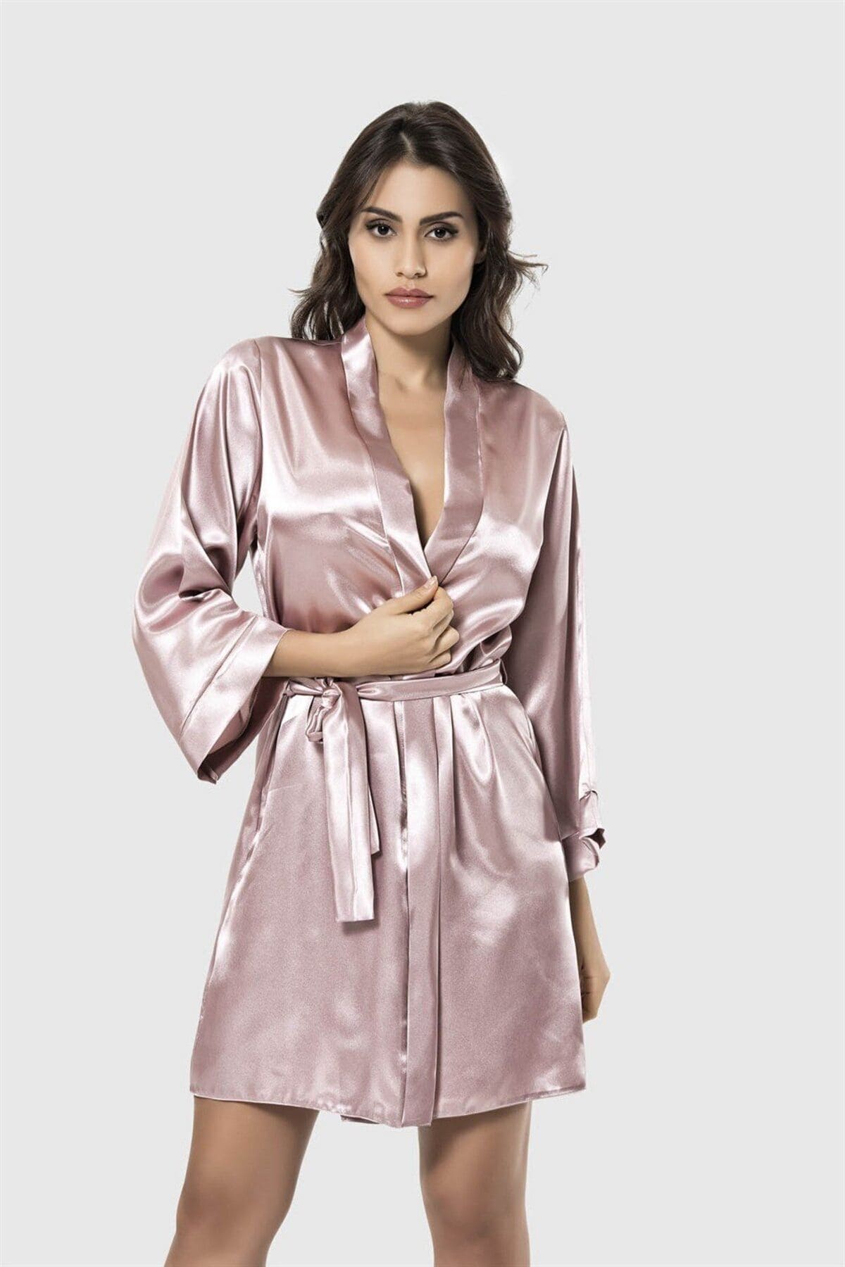 Kısa Saten Sabahlık Kadın Pijama Takımı Ahu 7431 - Vizon