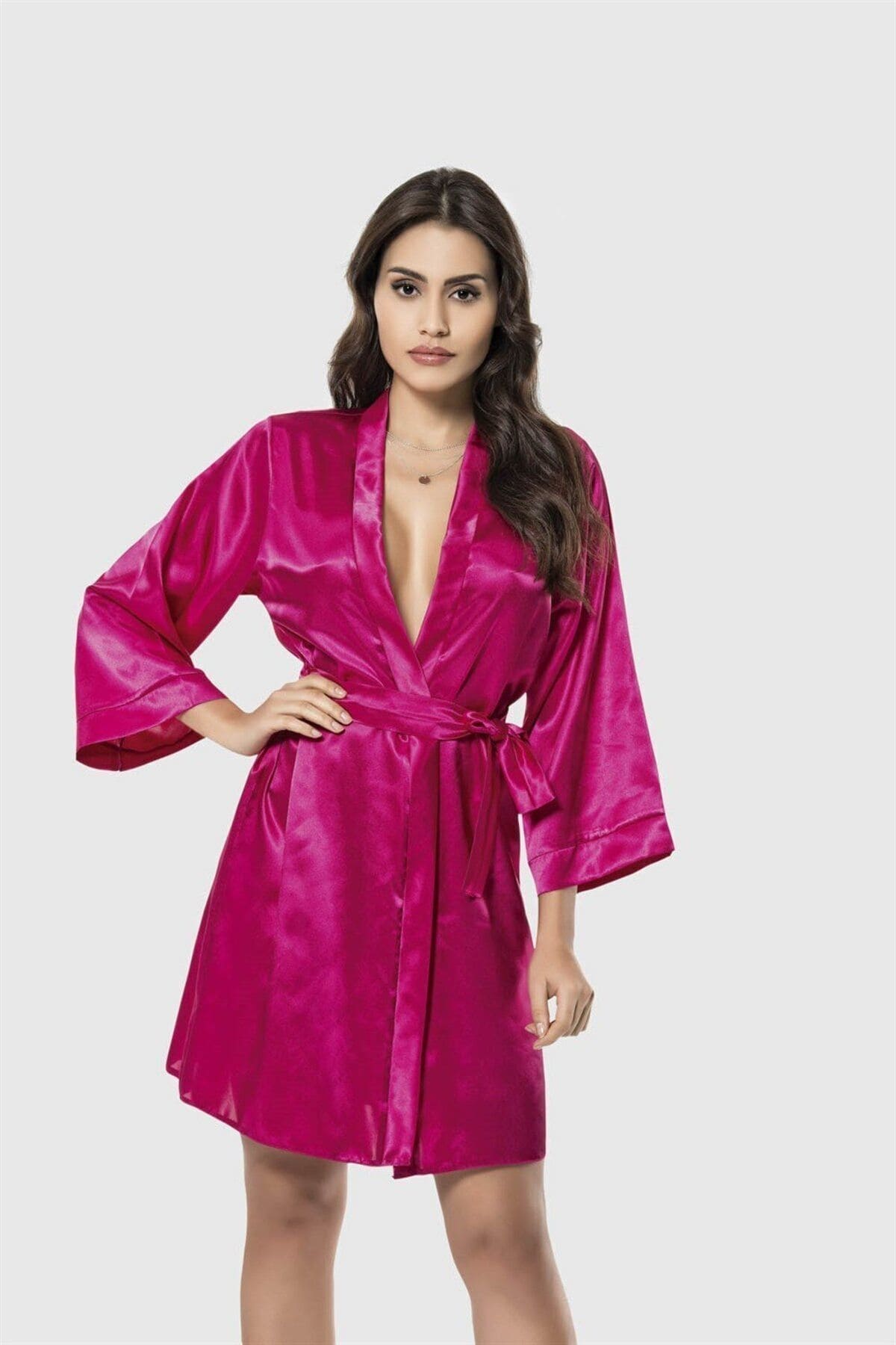 Kısa Saten Sabahlık Kadın Pijama Takımı Ahu 7431 - Fuşya