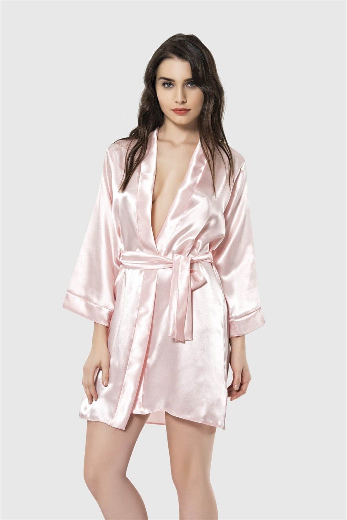 Kısa Saten Sabahlık Kadın Pijama Takımı Ahu 7431 - Somon