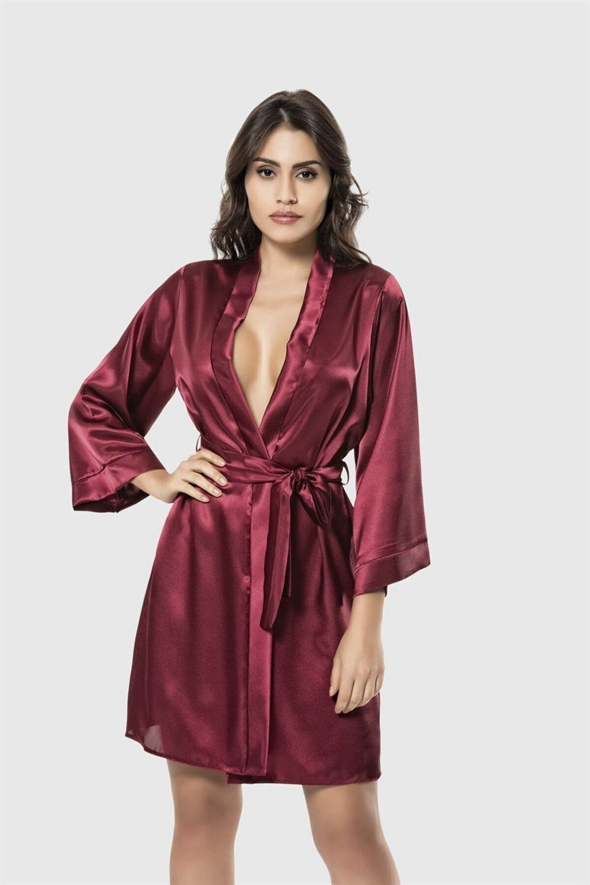 Kısa Saten Sabahlık Kadın Pijama Takımı Ahu 7431 - Bordo