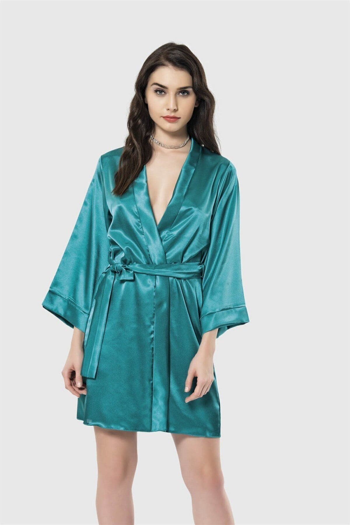 Kısa Saten Sabahlık Kadın Pijama Takımı Ahu 7431 - Zümrüt