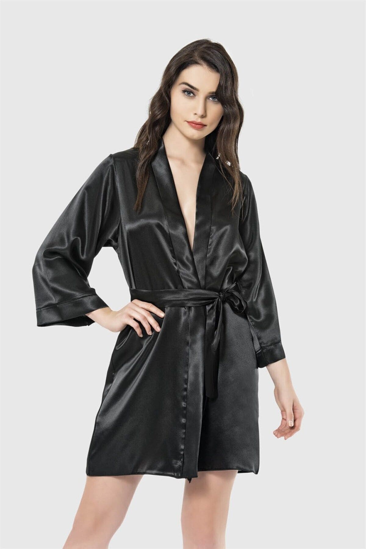 Kısa Saten Sabahlık Kadın Pijama Takımı Ahu 7431 - Siyah