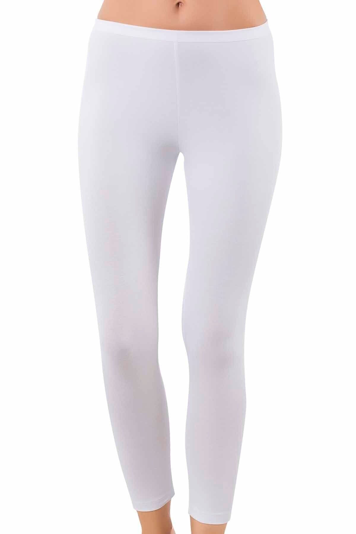 Pamuklu Likralı Yüksek Bel Uzun Tayt Özkan 0415 - Beyaz