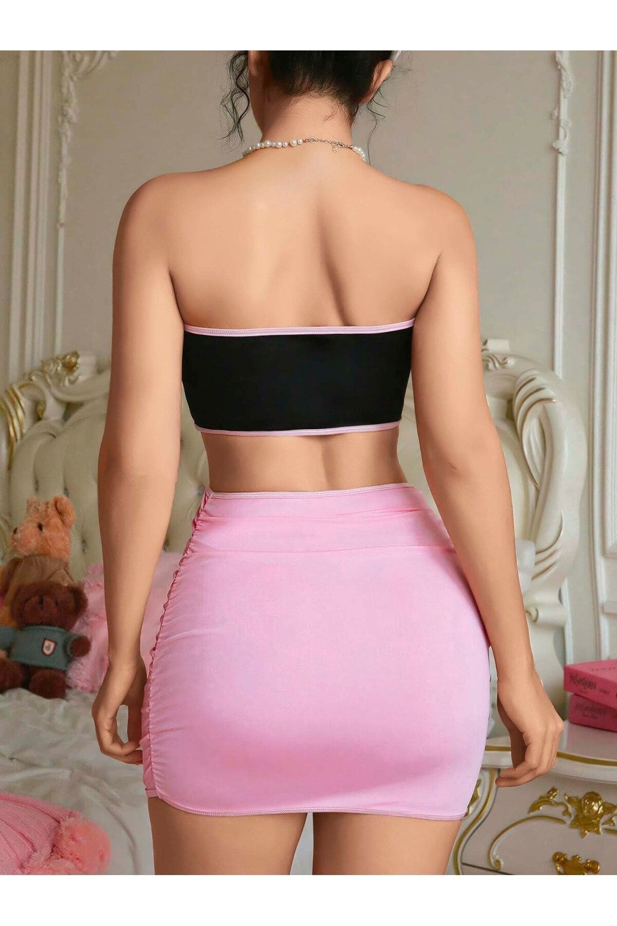 Pembe Fiyonklu Crop Kostüm Ruselin 2154 - Pembe