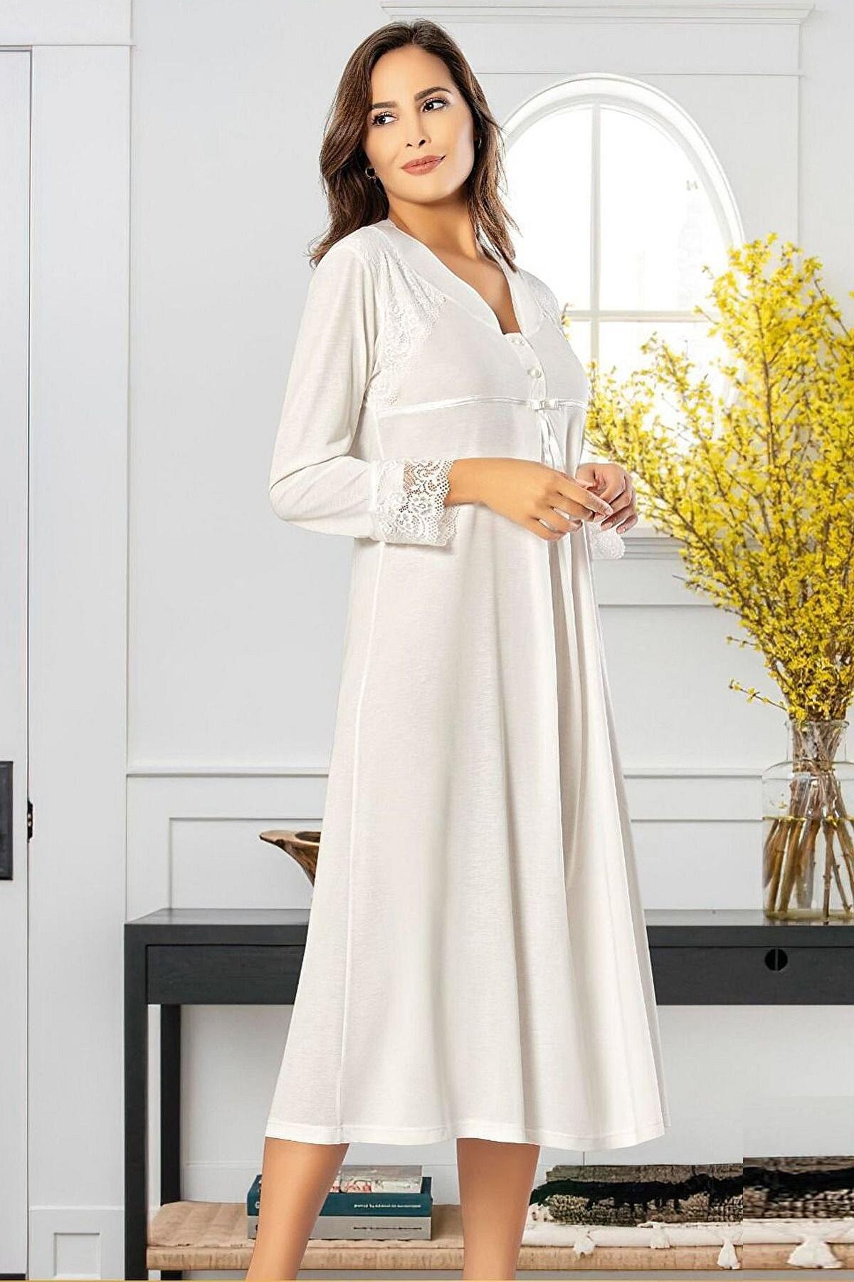 A Kesim Pamuklu Uzun Kollu Hamile Gecelik XSES 2550 - Ekru