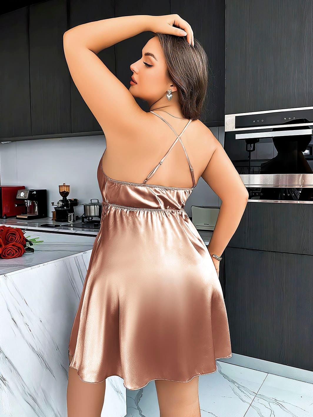 Kahverengi Saten Tek Parça Fantezi Body Pink Night 6682 - Kahverengi