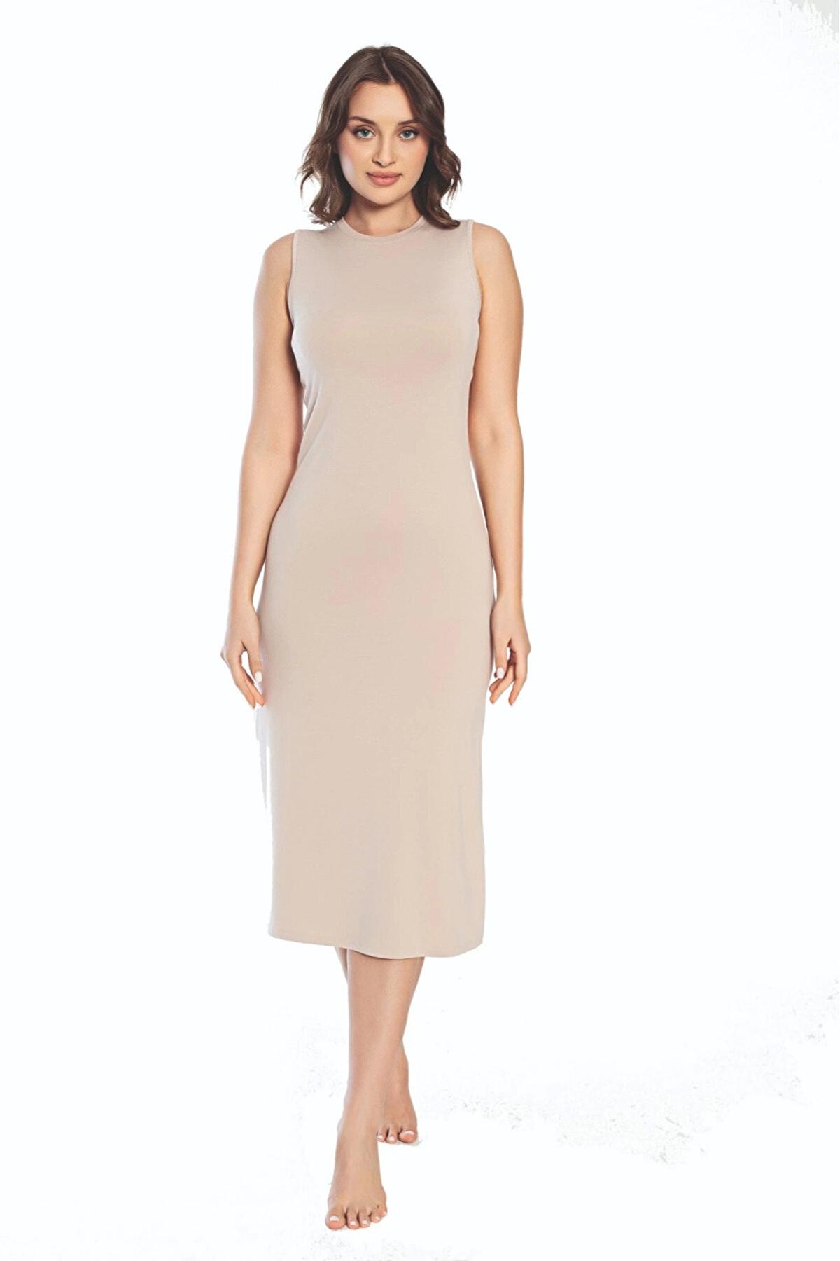 Kalın Askılı Uzun Viskon Elbise Kombinezon İMER 3164 - Ten