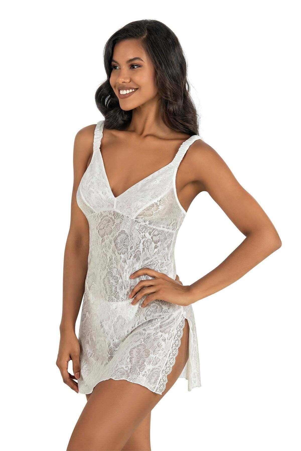 Ahu Lingerie Kalın Askılı Dantelli Ekru Kısa Saten Gecelik Ahu 8221