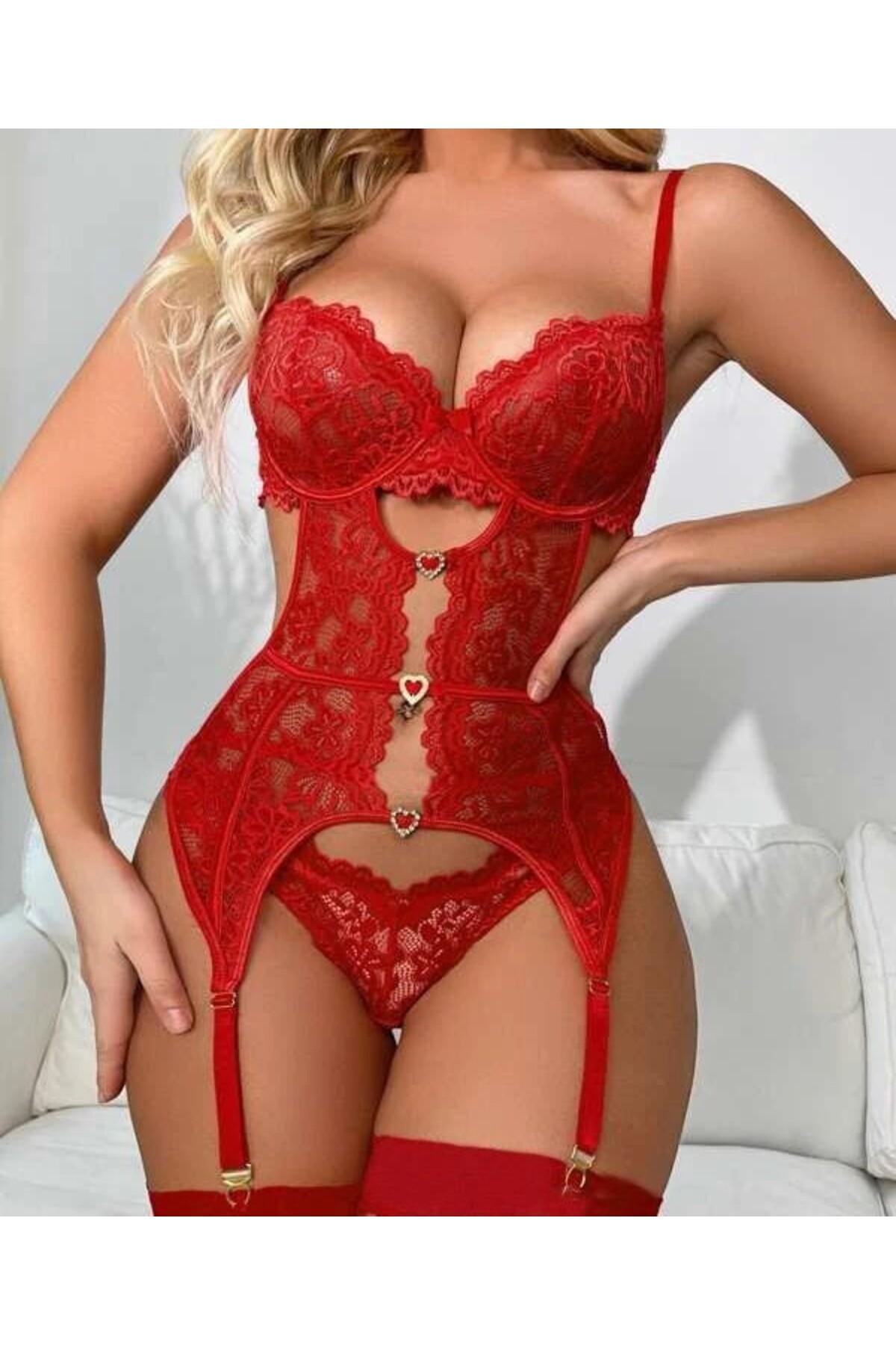 Dantelli Kalp Aksesuarlı Jartiyer Takım For Dreams 8465 - Kırmızı
